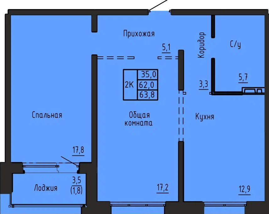 2-комнатная 63 м2 в ЖК Акварельный корпус null этаж 7