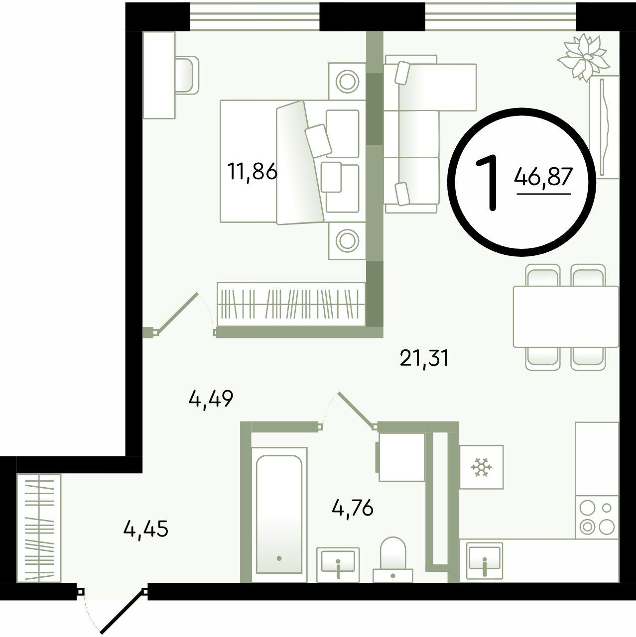 1-комнатная 46 м2 в ЖК Зеленые Аллеи корпус null этаж 1