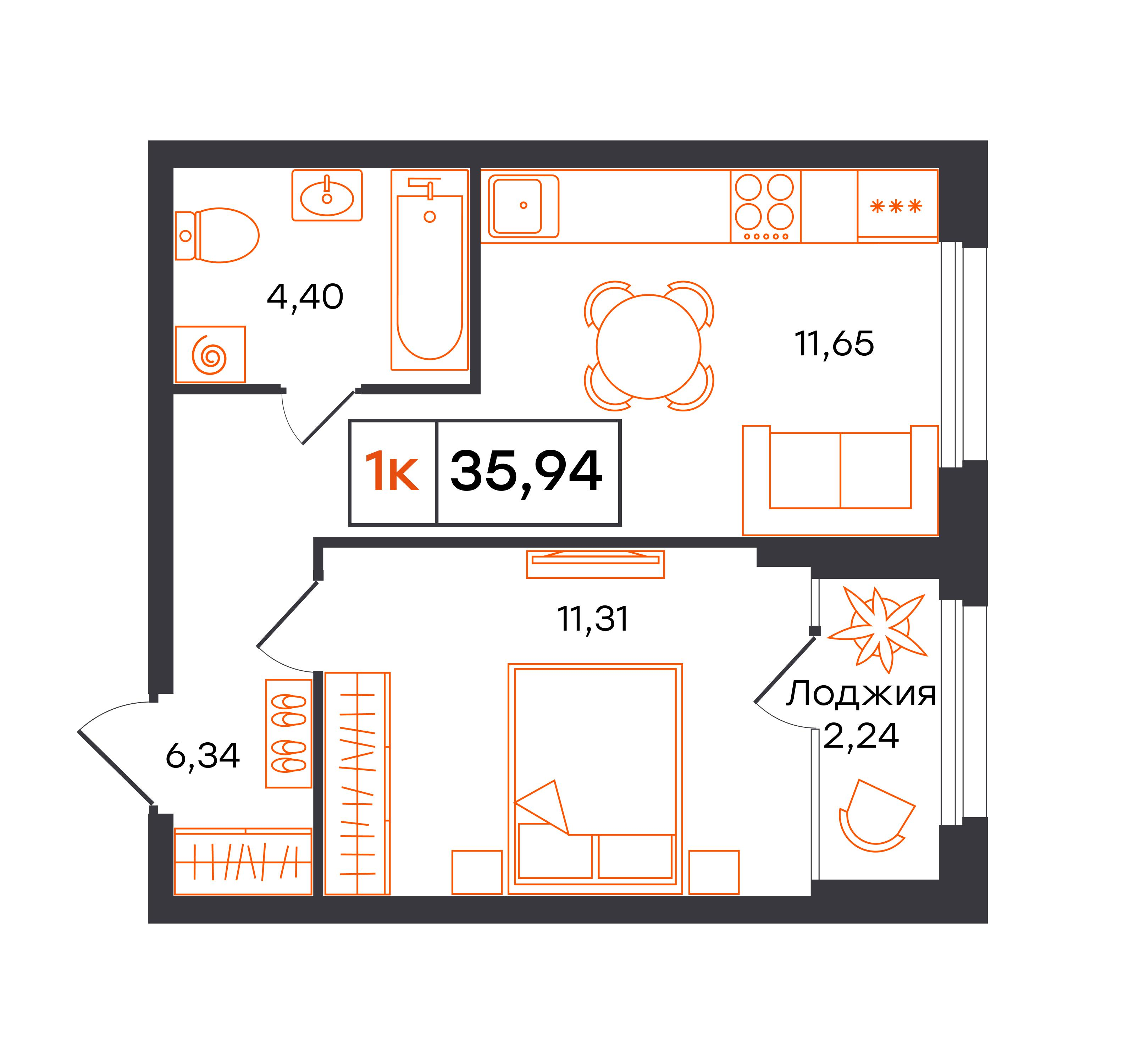 1-комнатная 35 м2 в ЖК Фатера корпус null этаж 5