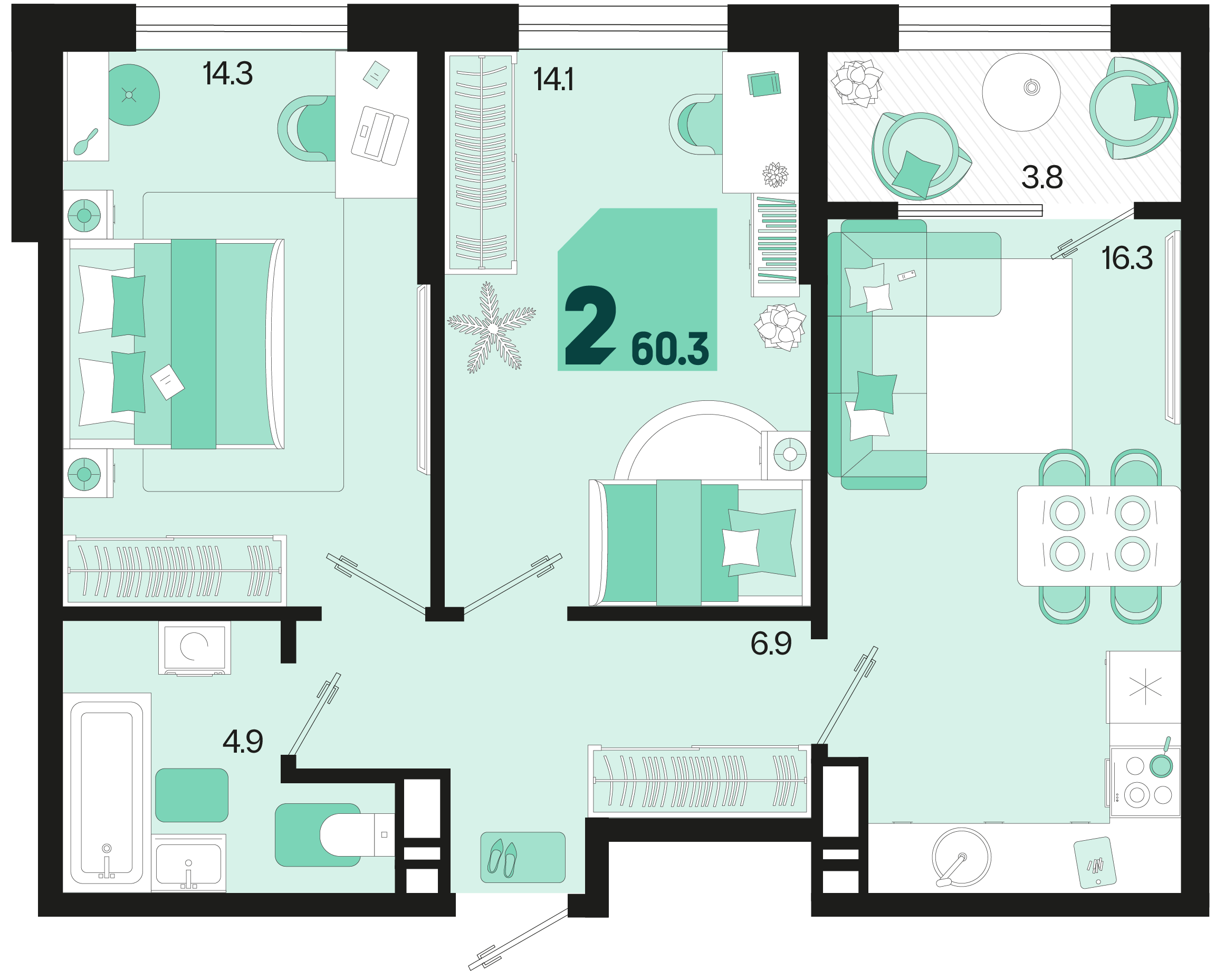 2-комнатная 60 м2 в ЖК Первое место корпус null этаж 13