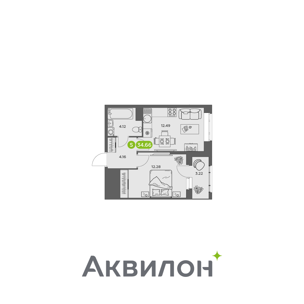 Студия 34 м2 в ЖК Аквилон АКВАРТАЛ корпус null этаж 9