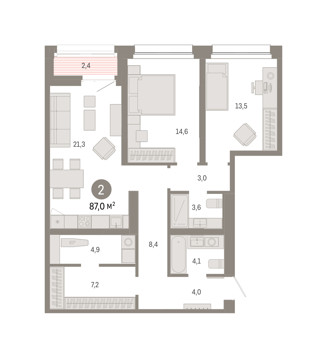 2-комнатная 87 м2 в ЖК Квартал Нефть корпус null этаж 10