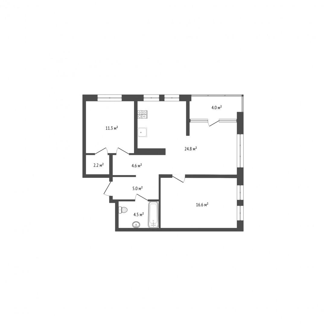 2-комнатная 73 м2 в ЖК undefined корпус null этаж 15