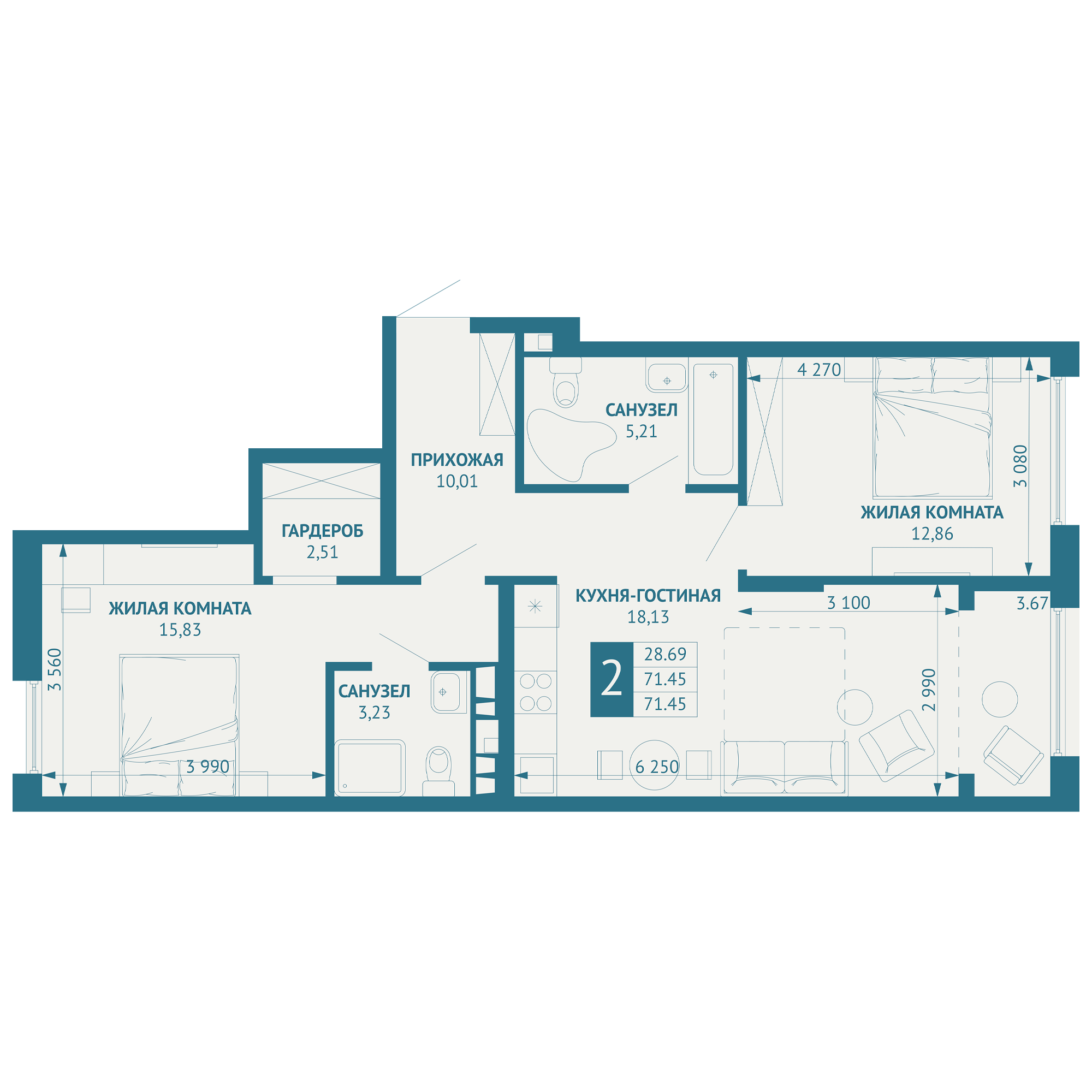 2-комнатная 73 м2 в ЖК ИНАЧЕ в Молодежном корпус null этаж 7