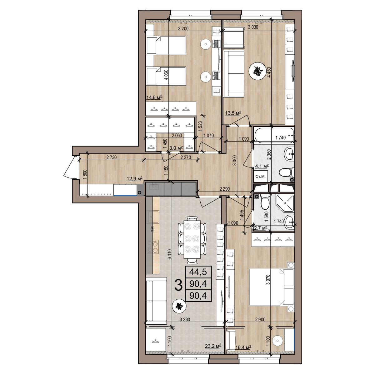 3-комнатная 90 м2 в ЖК Полярная звезда корпус null этаж 11