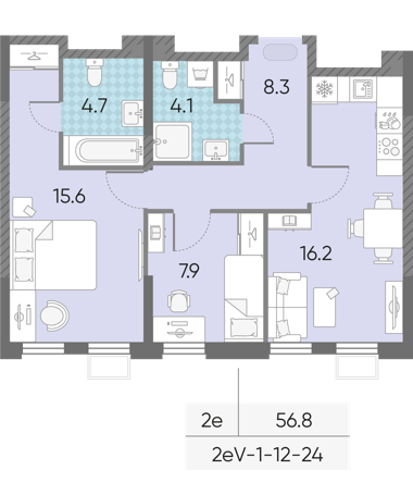 2-комнатная 56 м2 в ЖК ЛУЧИ корпус null этаж 13