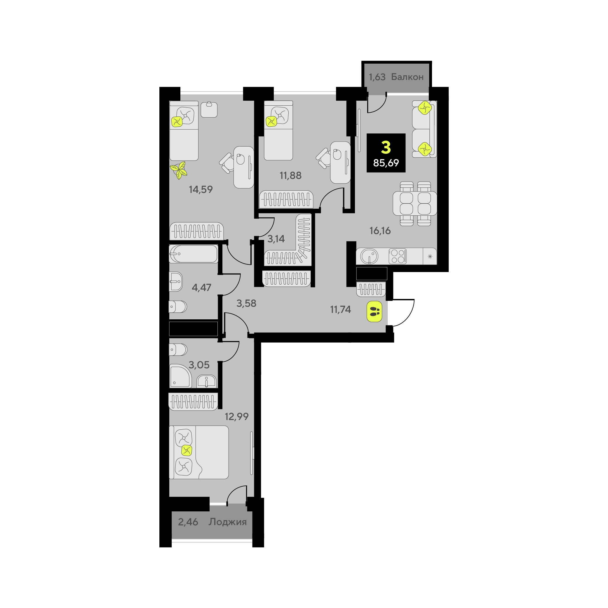 3-комнатная 85 м2 в ЖК Окинава корпус null этаж 13