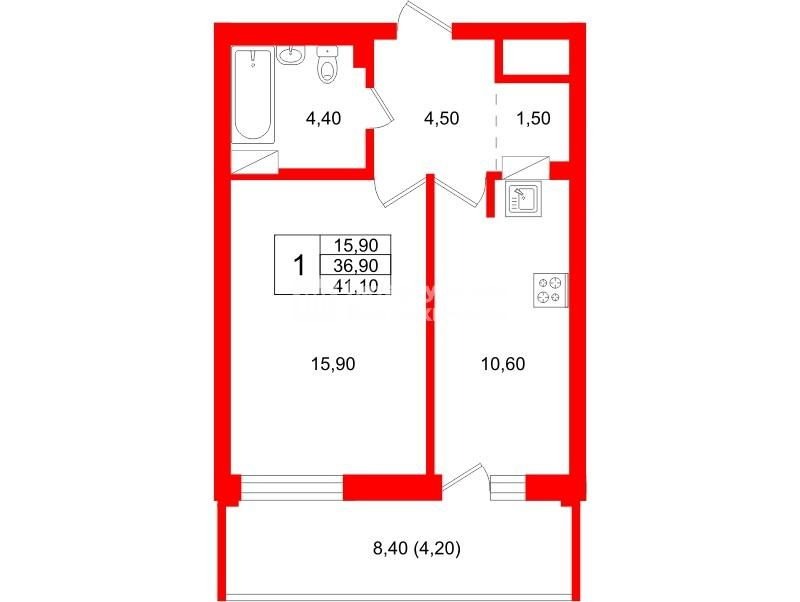 1-комнатная 41 м2 в ЖК Экос корпус null этаж 15