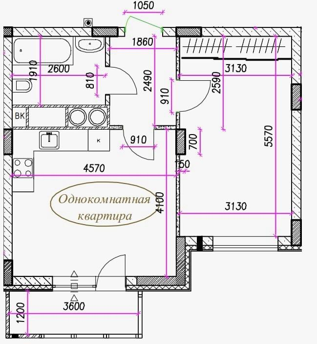 1-комнатная 45.8 м2 в ЖК undefined корпус null этаж 2