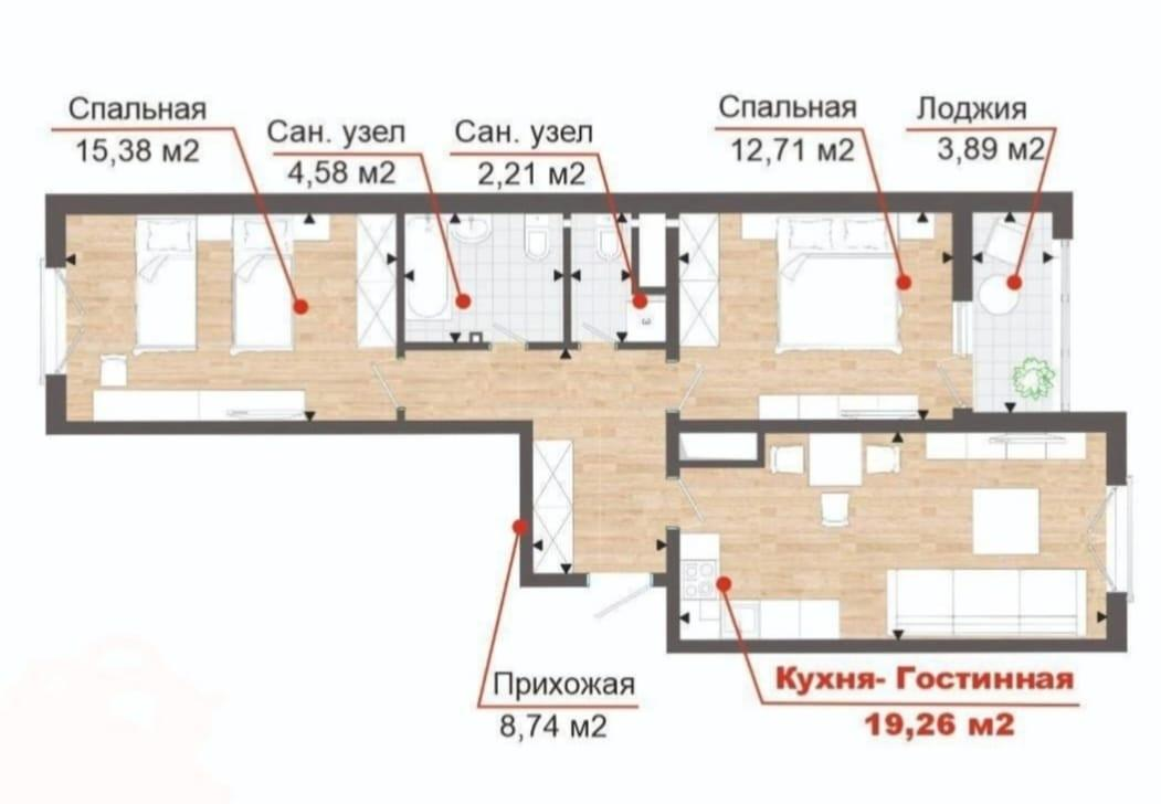 2-комнатная 68 м2 в ЖК undefined корпус null этаж 9