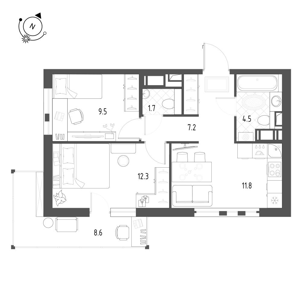 2-комнатная 49 м2 в ЖК Монография корпус null этаж 3