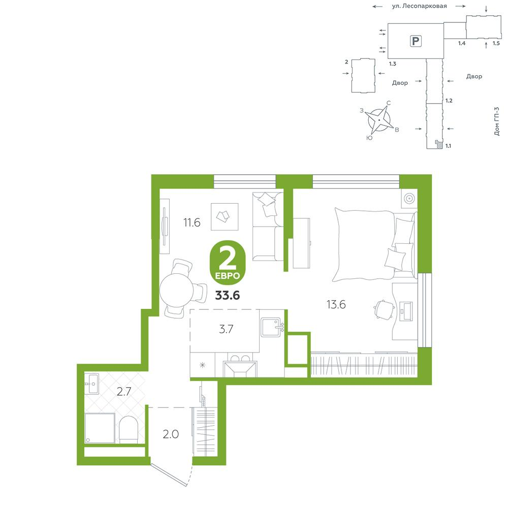 1-комнатная 33 м2 в ЖК Чистые пруды корпус null этаж 6