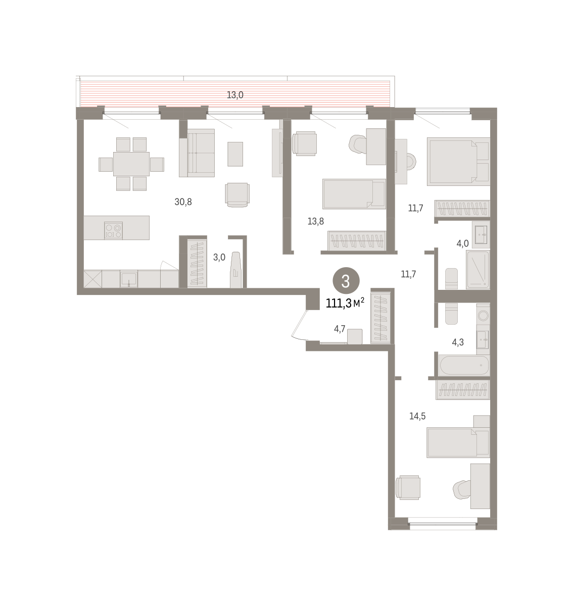 3-комнатная 111 м2 в ЖК Зарека корпус null этаж 8