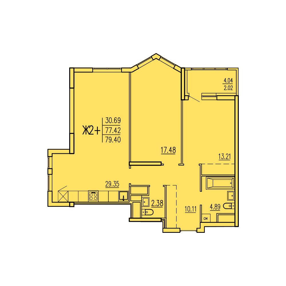 2-комнатная 79 м2 в ЖК Акварель корпус null этаж 2