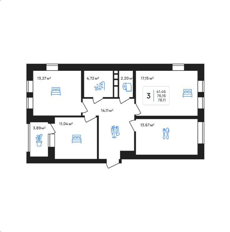 3-комнатная 78.3 м2 в ЖК undefined корпус null этаж 2