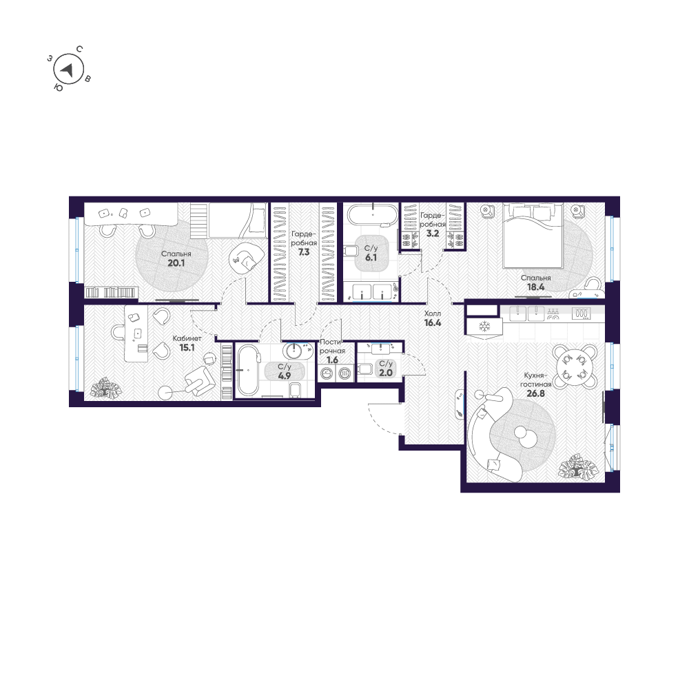 3-комнатная 121 м2 в ЖК ЛДМ корпус null этаж 3