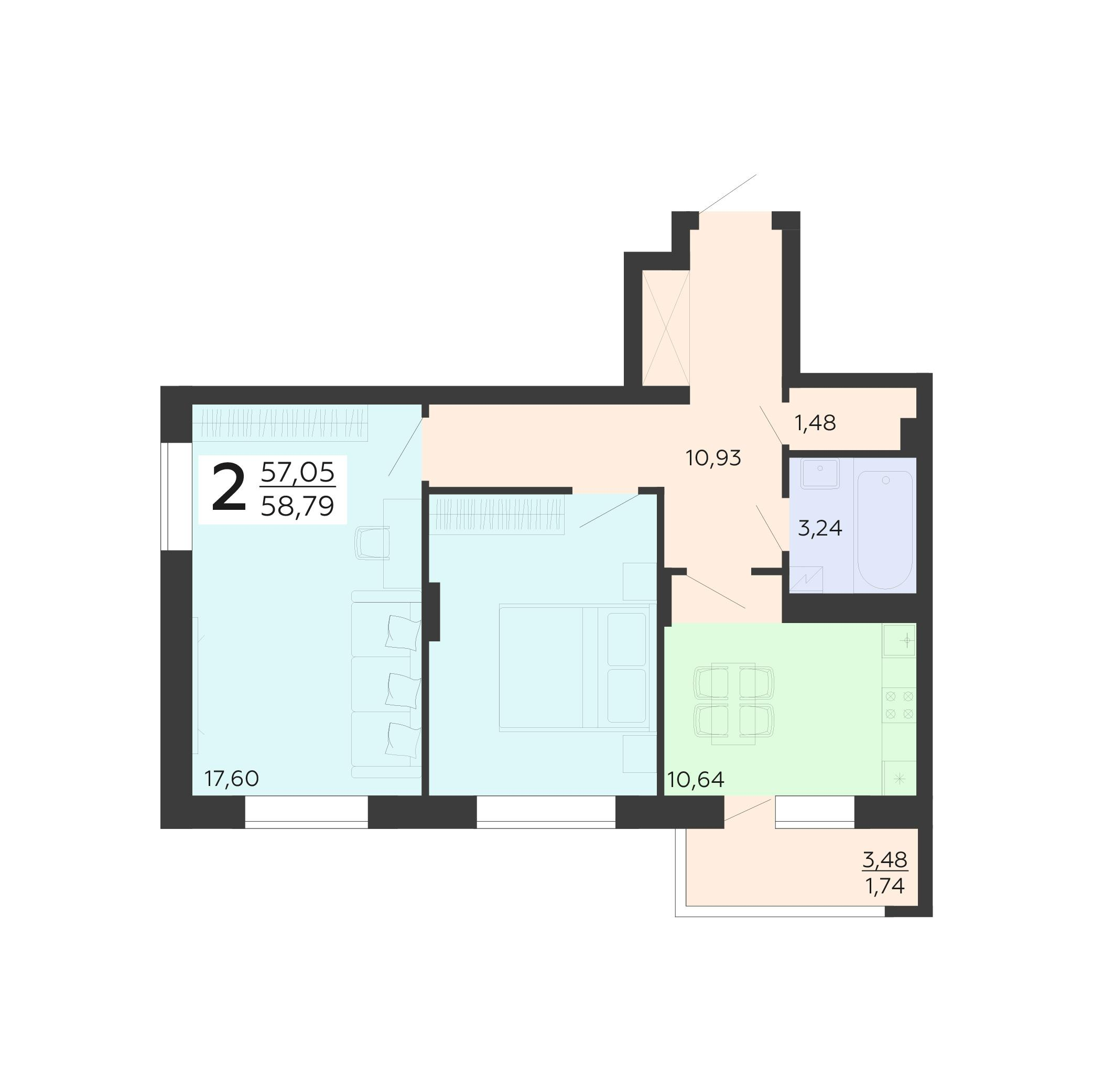 2-комнатная 58 м2 в ЖК Галактика 2|3 корпус null этаж 15