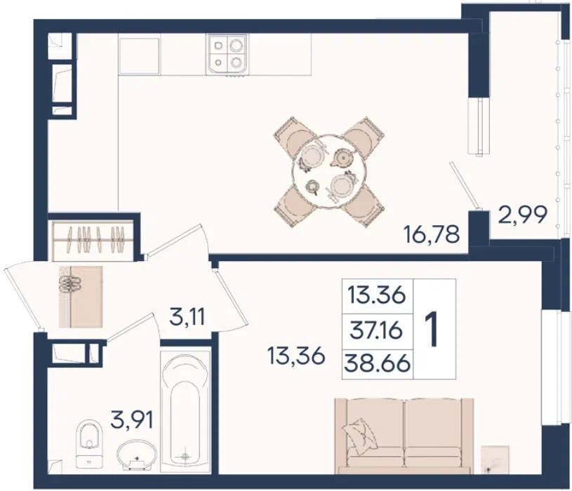 1-комнатная 38.7 м2 в ЖК undefined корпус null этаж 10