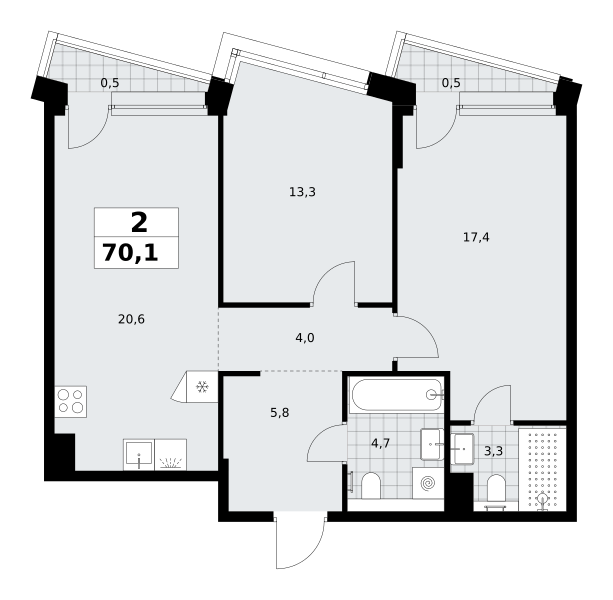2-комнатная 70 м2 в ЖК Хольм корпус null этаж 4