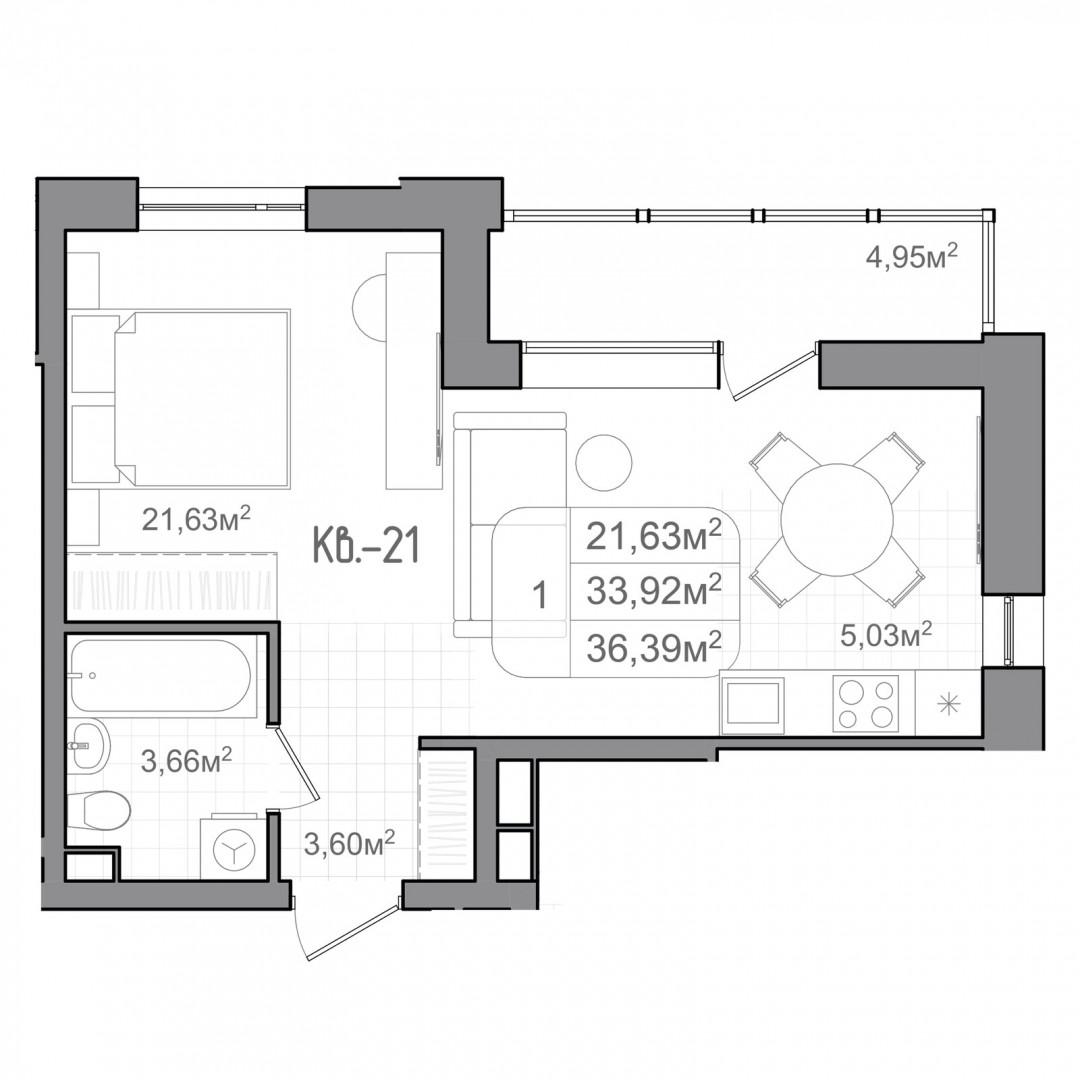 1-комнатная 36.4 м2 в ЖК undefined корпус null этаж 3