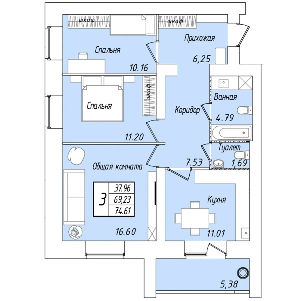 3-комнатная 74 м2 в ЖК «Мирный» поз. 27 корпус null этаж 7