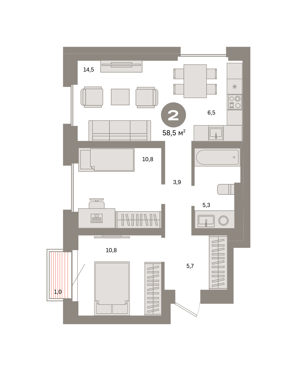 2-комнатная 58 м2 в ЖК Метроном корпус null этаж 13