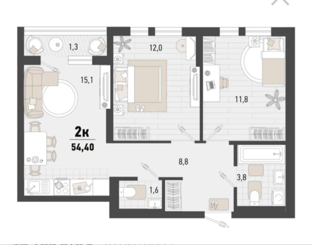2-комнатная 54.4 м2 в ЖК undefined корпус null этаж 4