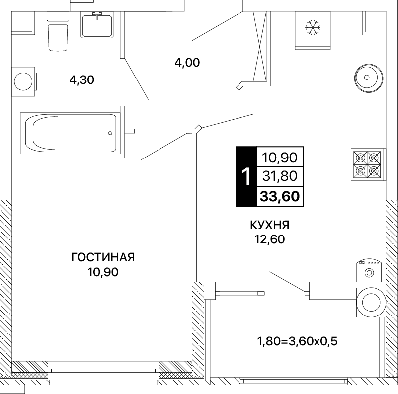 1-комнатная 33 м2 в ЖК Сияние корпус null этаж 2