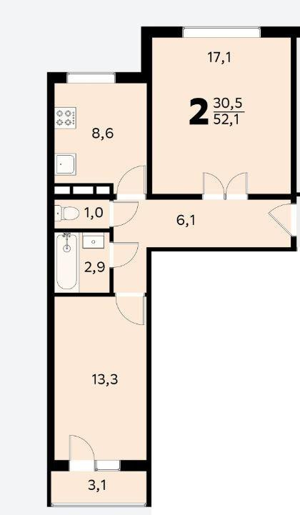 2-комнатная 52.7 м2 в ЖК undefined корпус null этаж 9