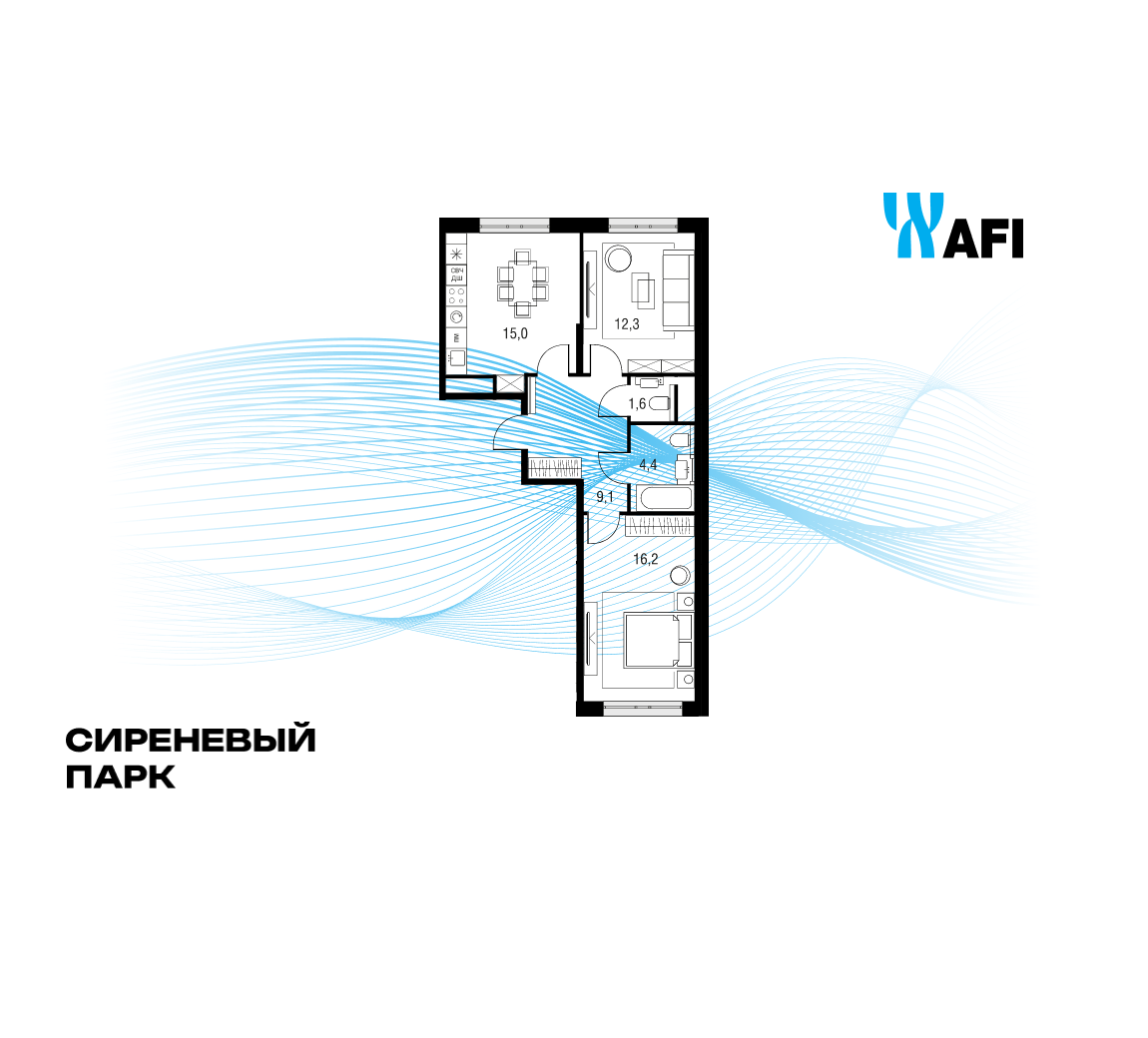 3-комнатная 58 м2 в ЖК Сиреневый парк корпус null этаж 9