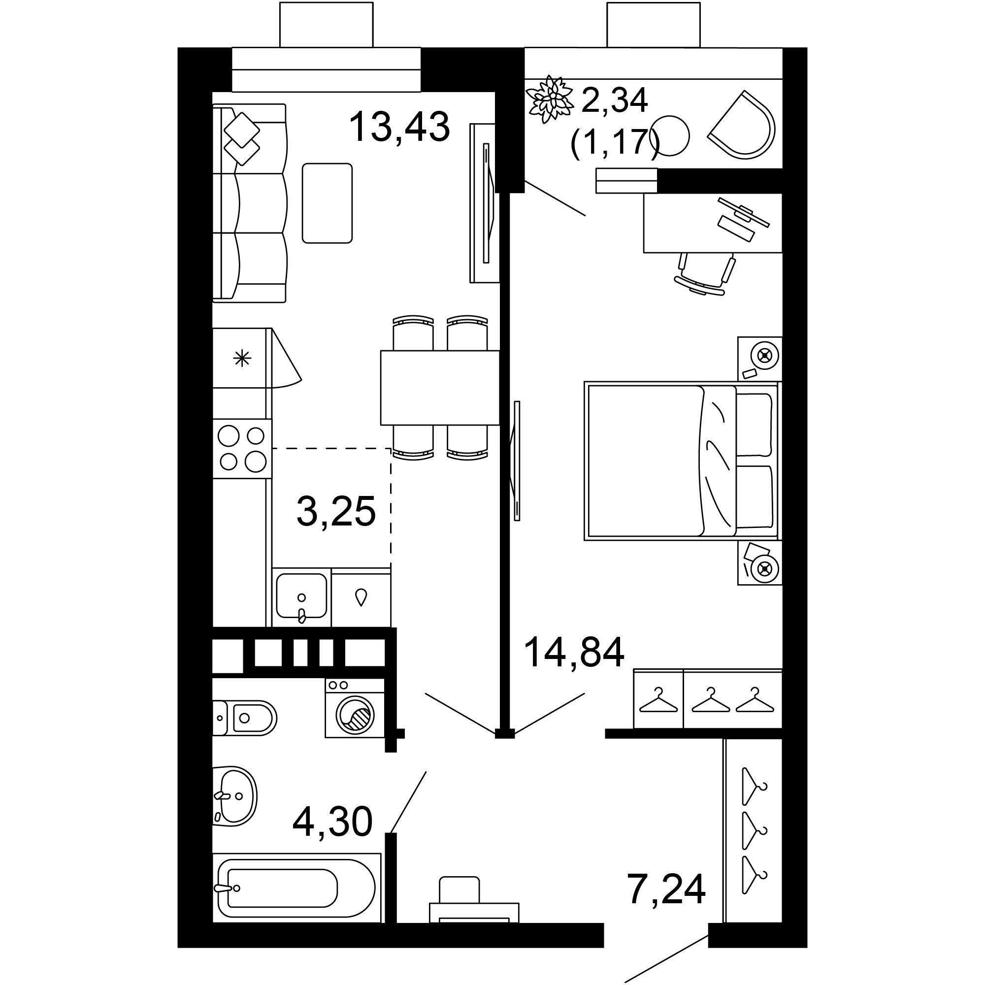 2-комнатная 44 м2 в ЖК 1799 корпус null этаж 10