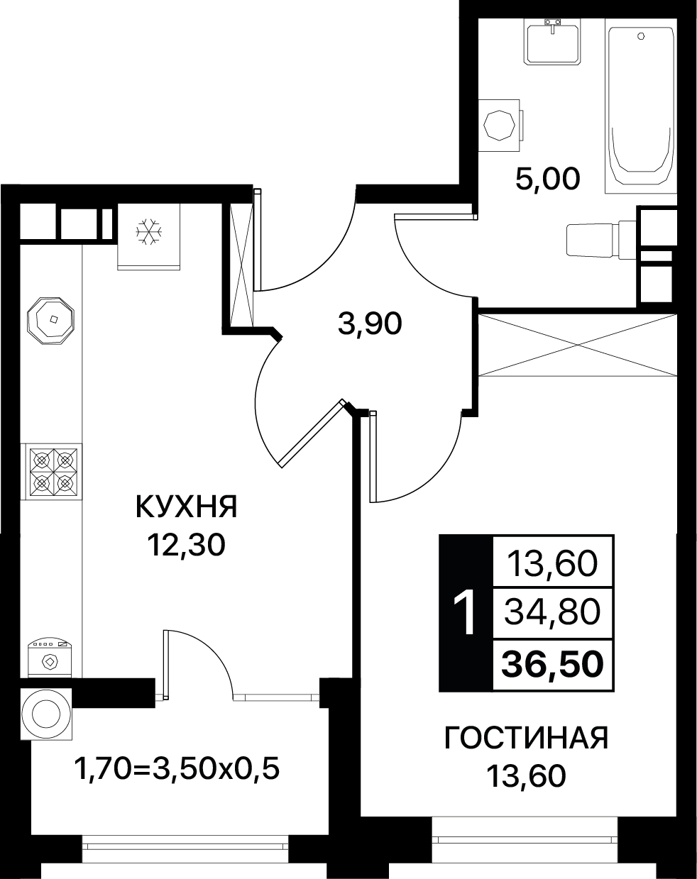 1-комнатная 36 м2 в ЖК Сияние корпус null этаж 10