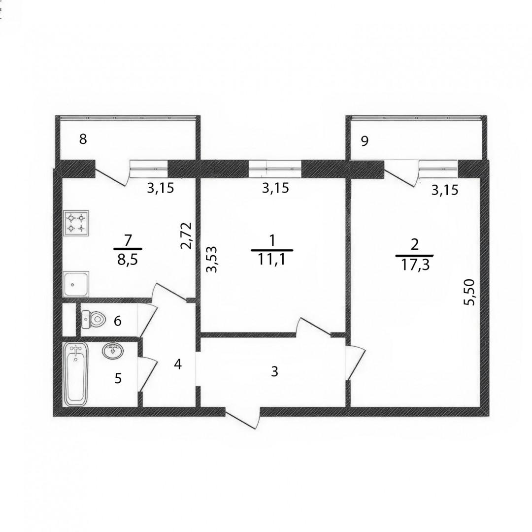 2-комнатная 52.5 м2 в ЖК undefined корпус null этаж 7