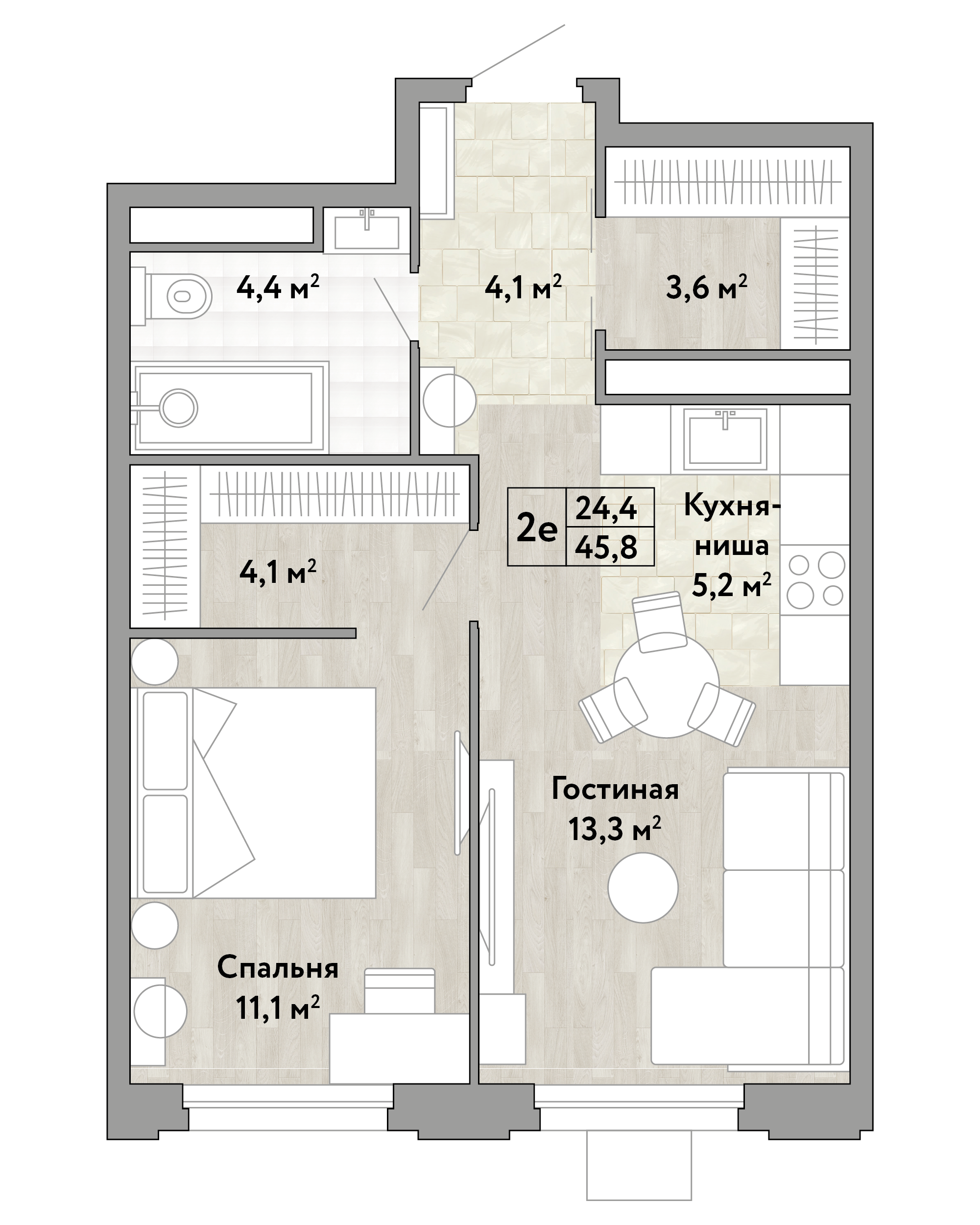1-комнатная 45 м2 в ЖК Новые Смыслы корпус null этаж 15