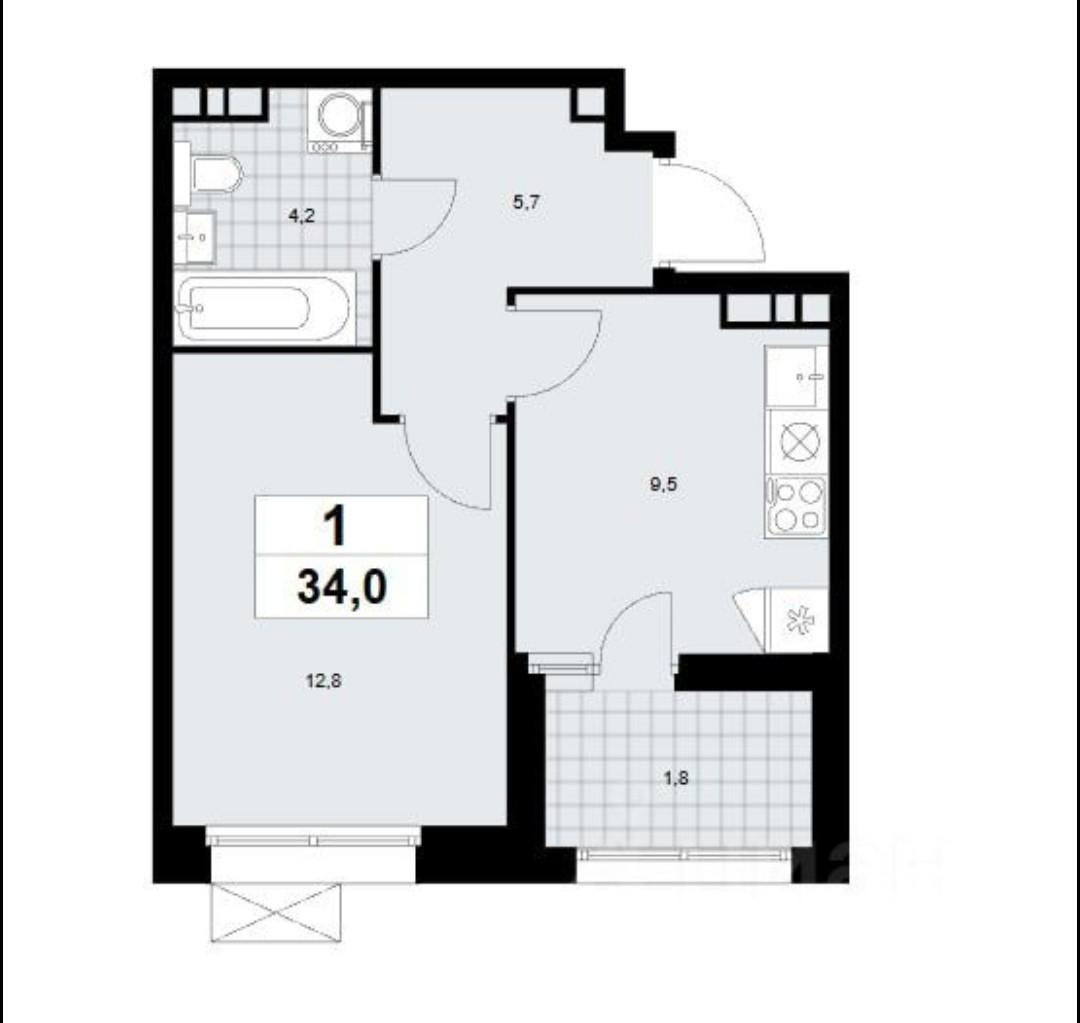 1-комнатная 34 м2 в ЖК undefined корпус null этаж 6