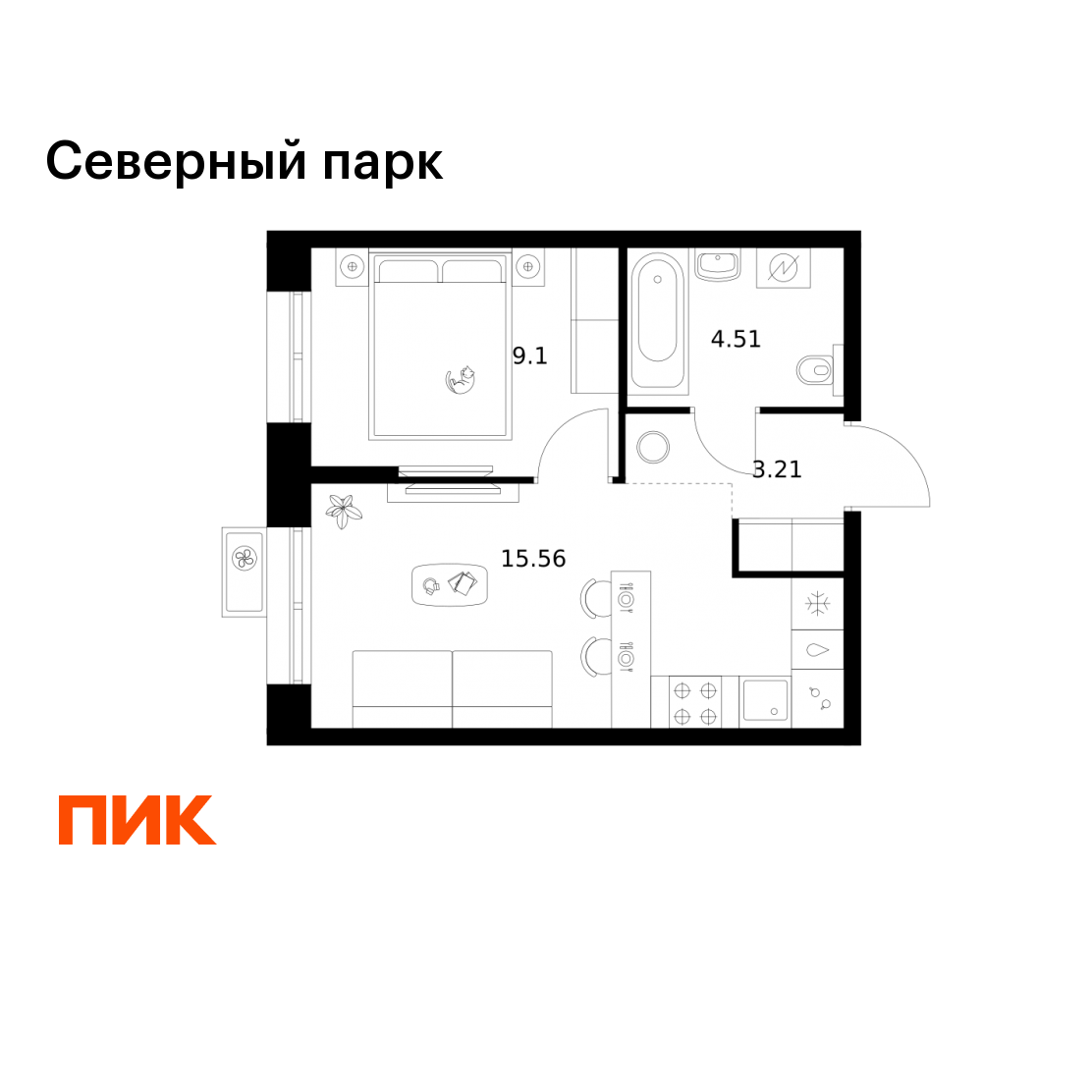 1-комнатная 32 м2 в ЖК Северный парк корпус null этаж 10