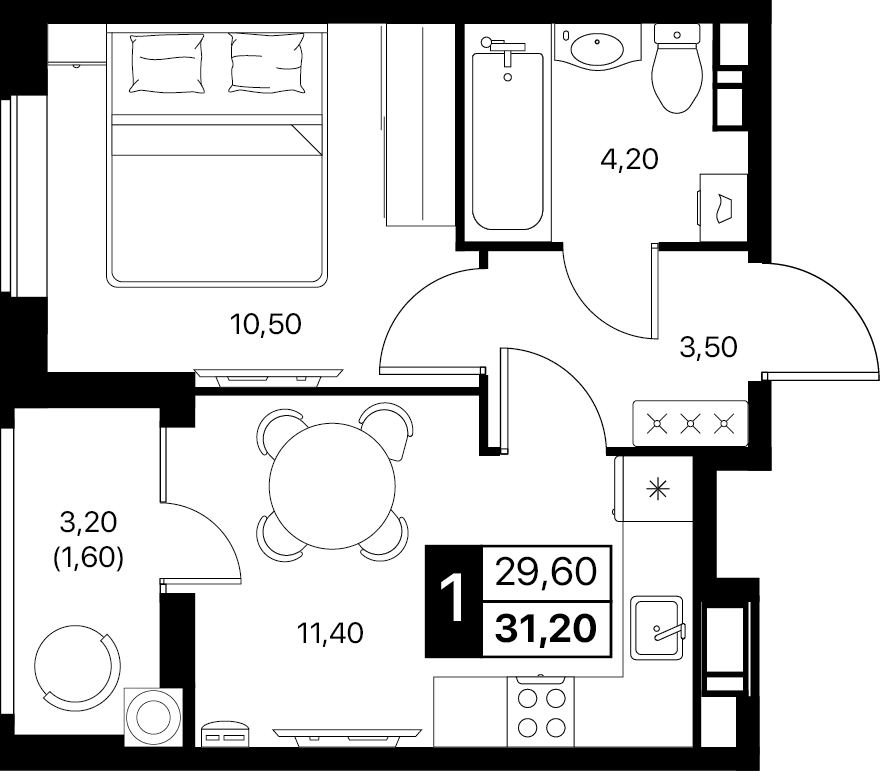1-комнатная 31 м2 в ЖК Эстет корпус null этаж 6