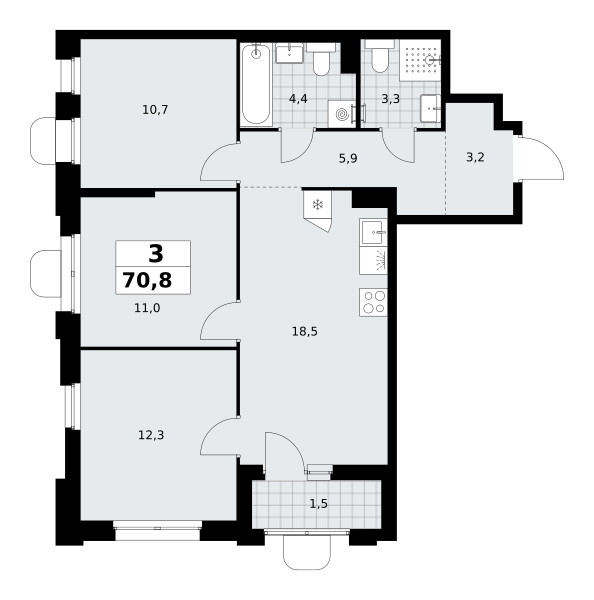 3-комнатная 70 м2 в ЖК Прокшино корпус null этаж 5