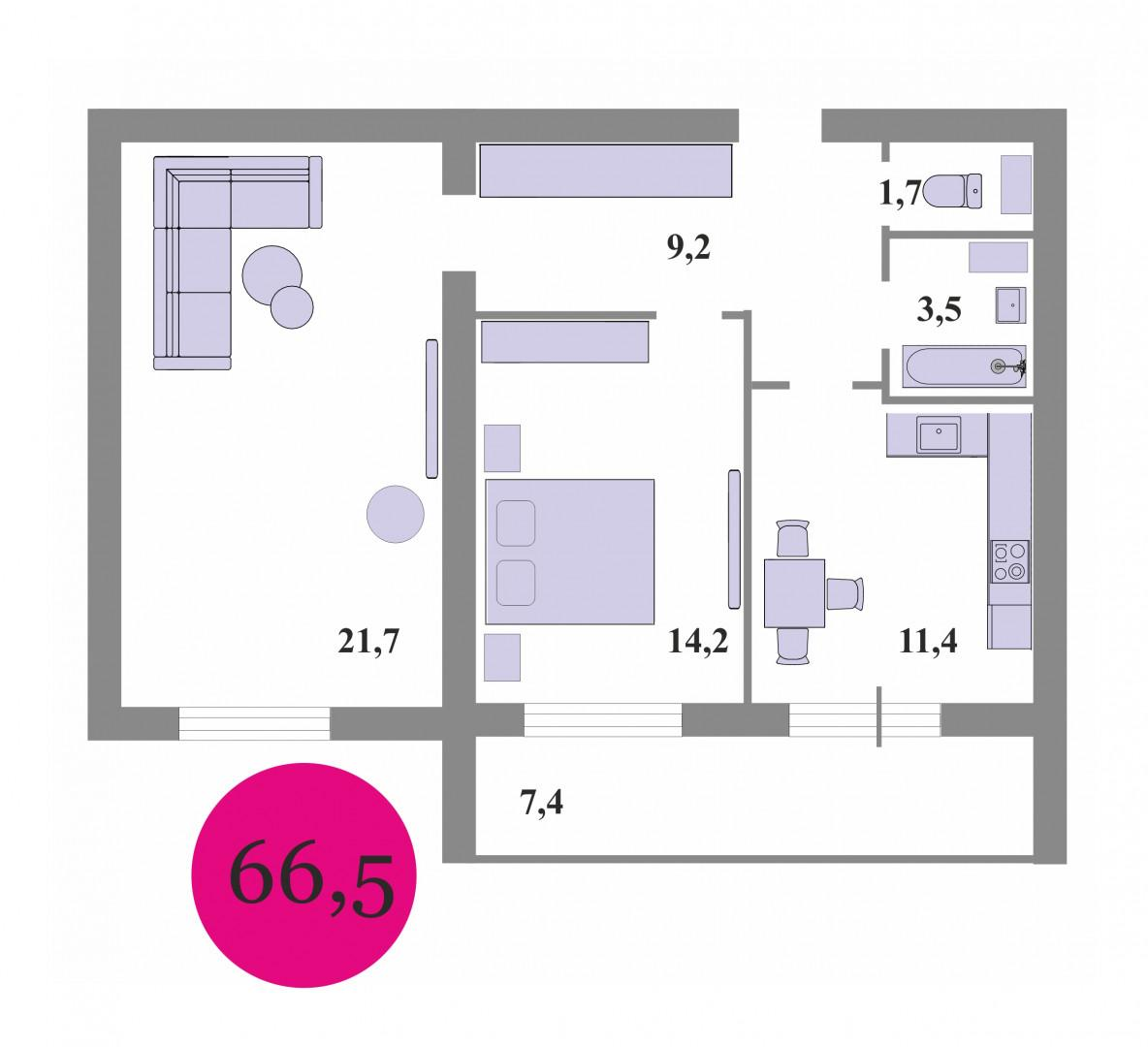 2-комнатная 66.5 м2 в ЖК undefined корпус null этаж 7