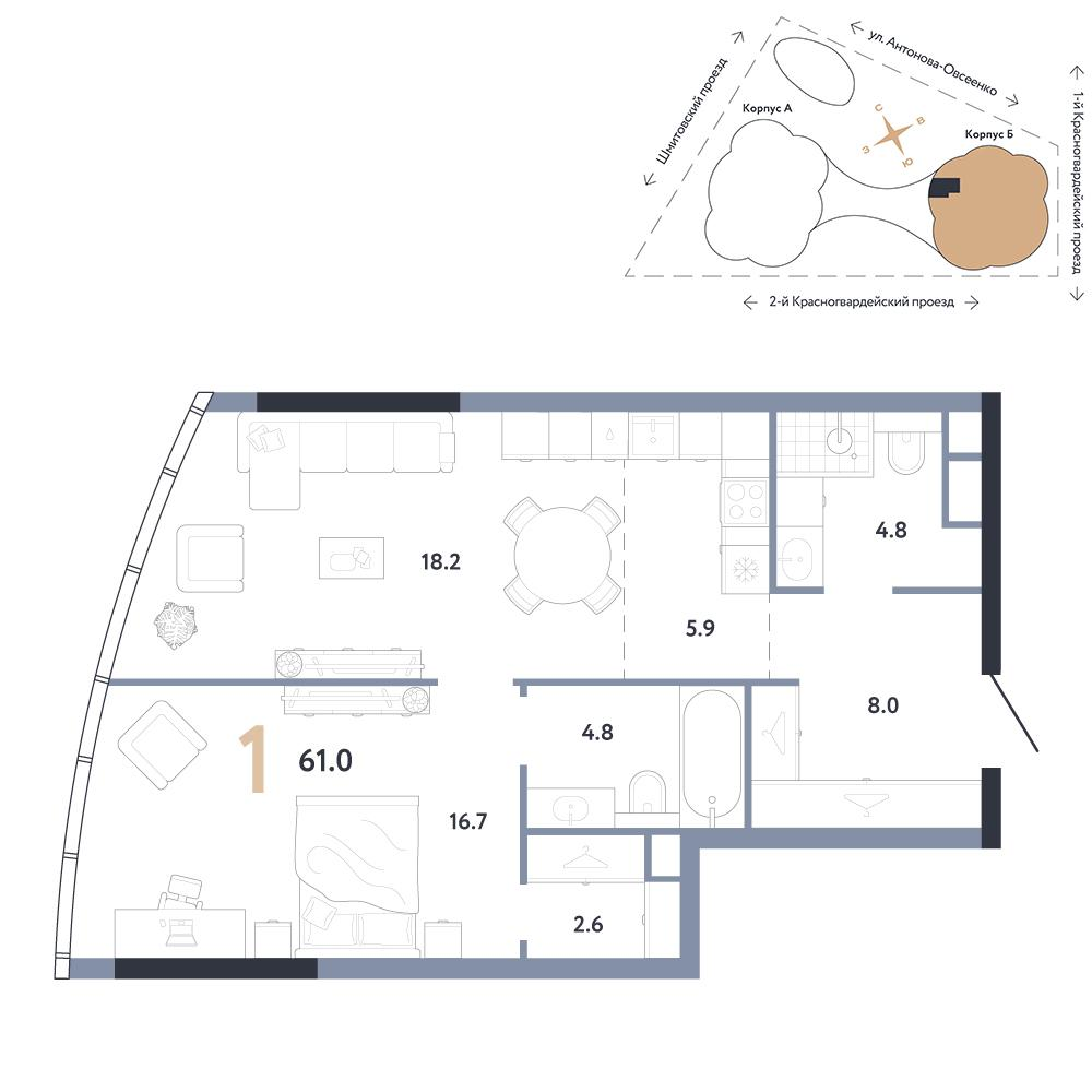 1-комнатная 61 м2 в ЖК АУРУС Резиденции корпус null этаж 24