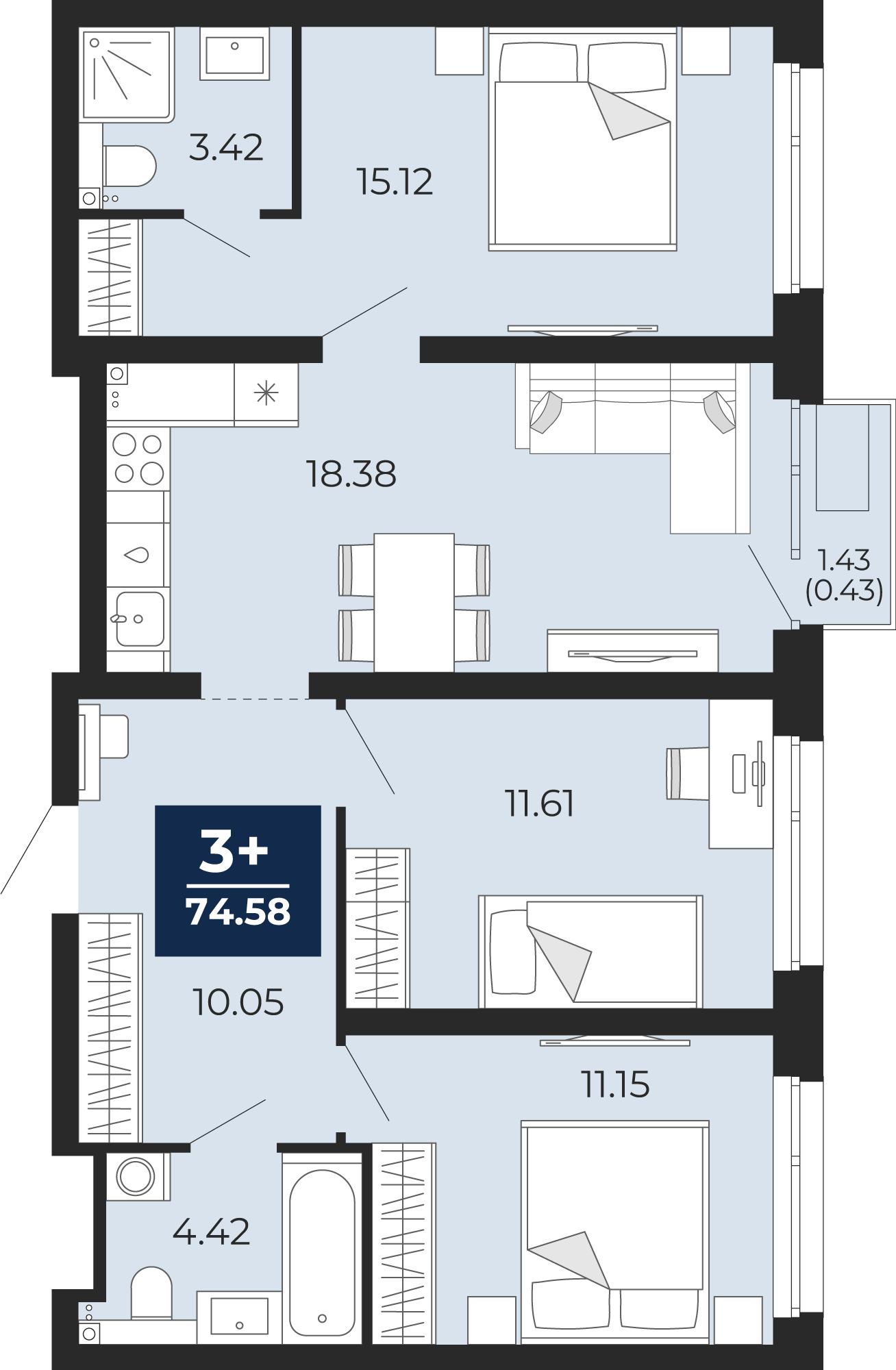 3-комнатная 74 м2 в ЖК Прео корпус null этаж 6
