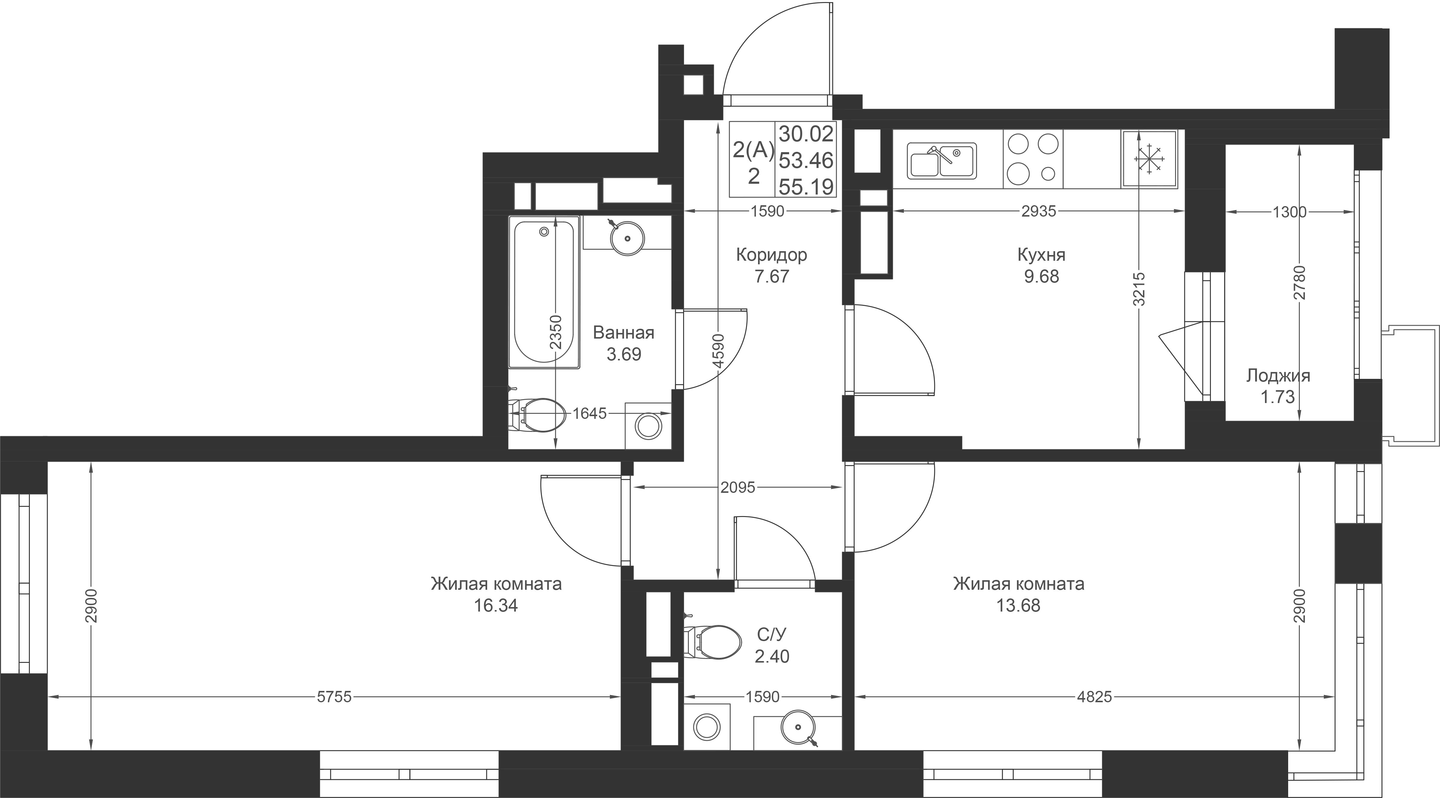 2-комнатная 55 м2 в ЖК Солнечный город корпус null этаж 9