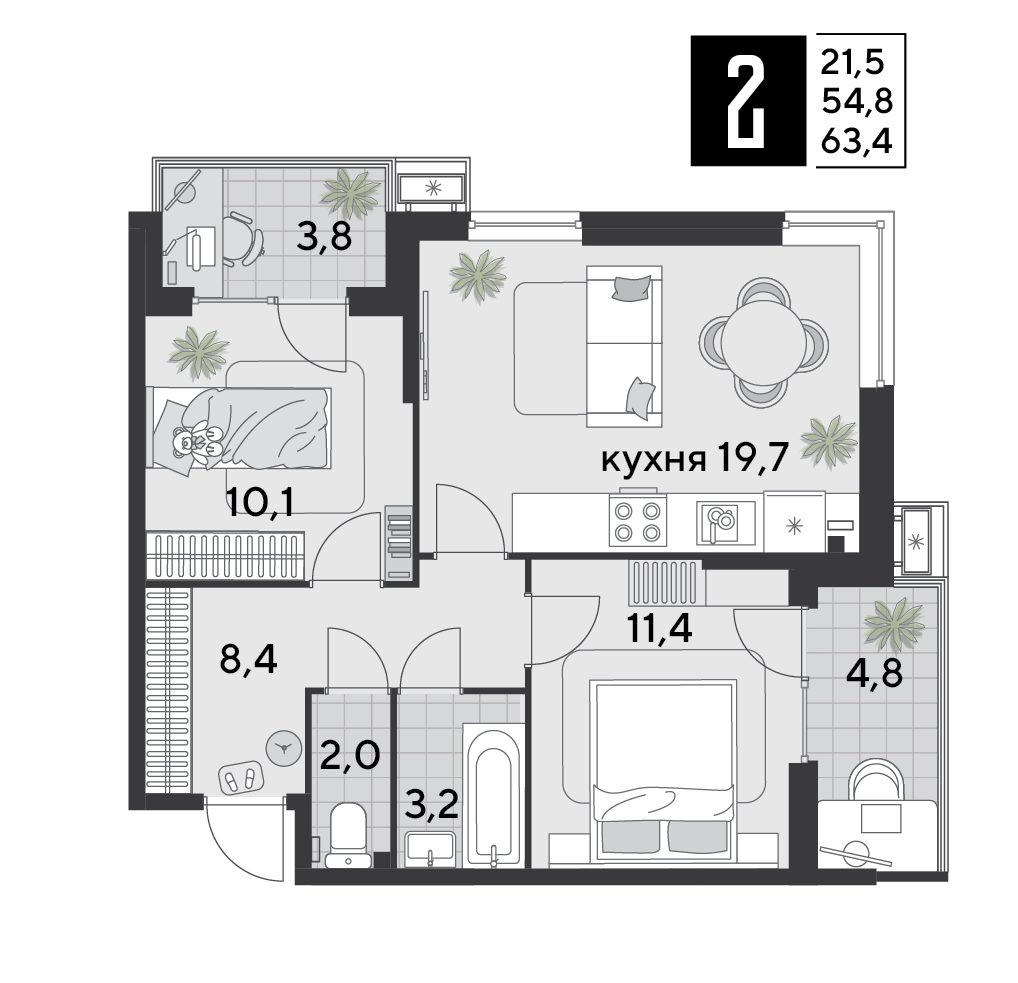 2-комнатная 62 м2 в ЖК Парк Победы 2 корпус null этаж 2