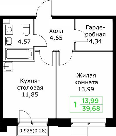 1-комнатная 39 м2 в ЖК Кит корпус null этаж 20