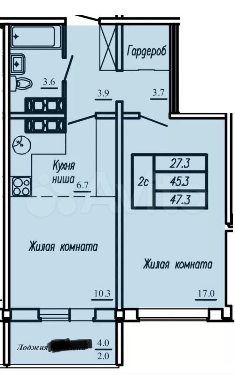 2-комнатная 45 м2 в ЖК undefined корпус null этаж 6