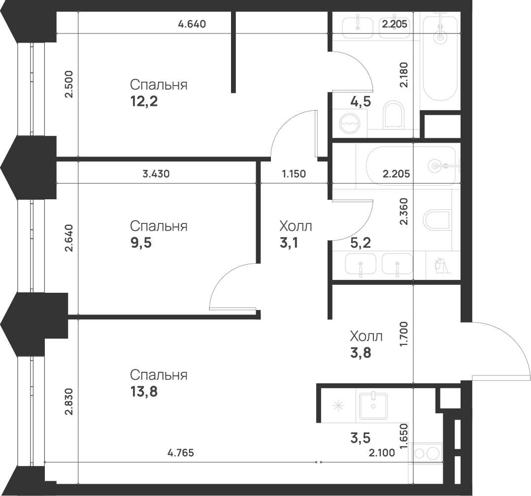 2-комнатная 55 м2 в ЖК Voice Towers корпус null этаж 20