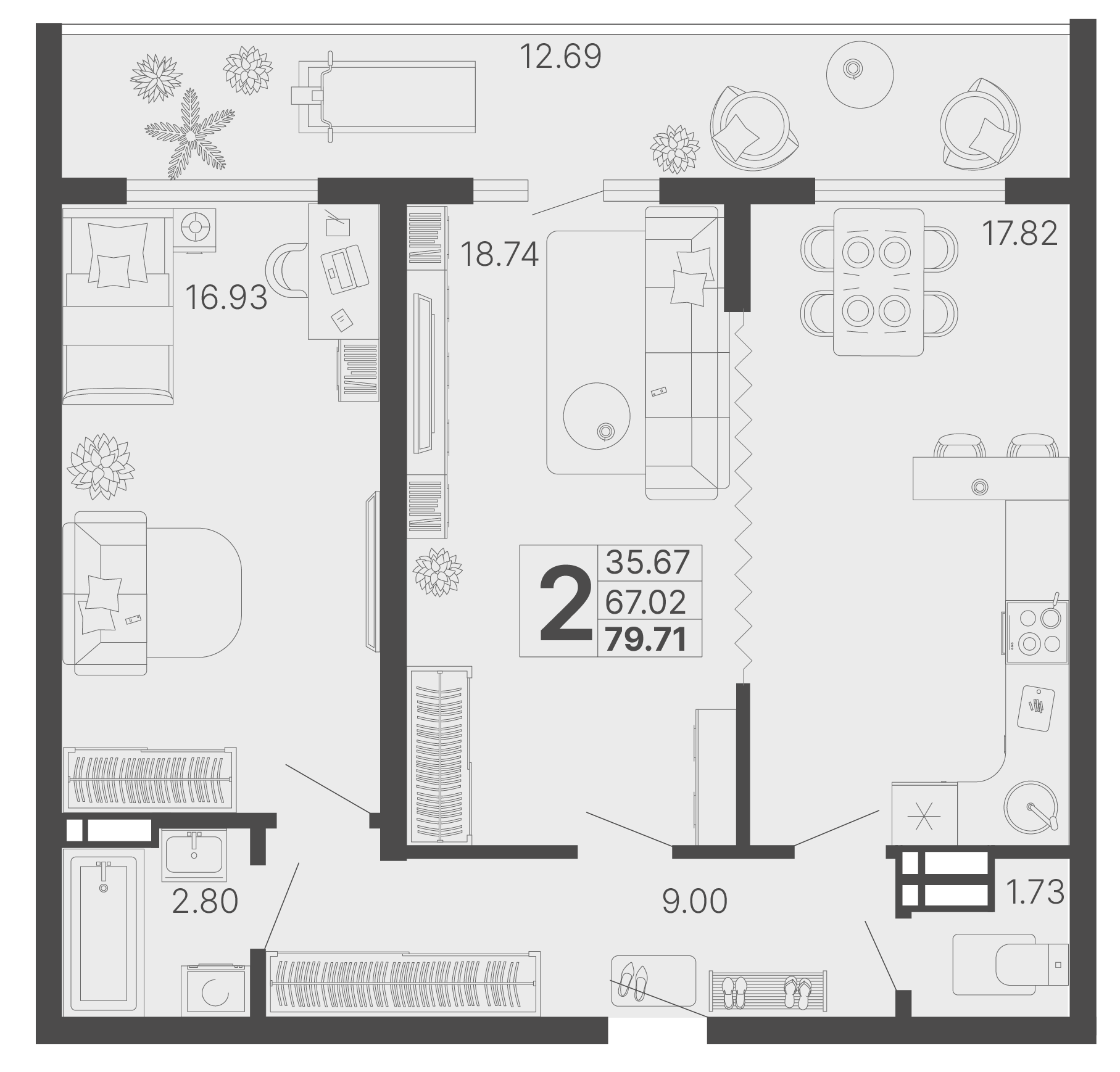 2-комнатная 73 м2 в ЖК Светский лес корпус null этаж 15