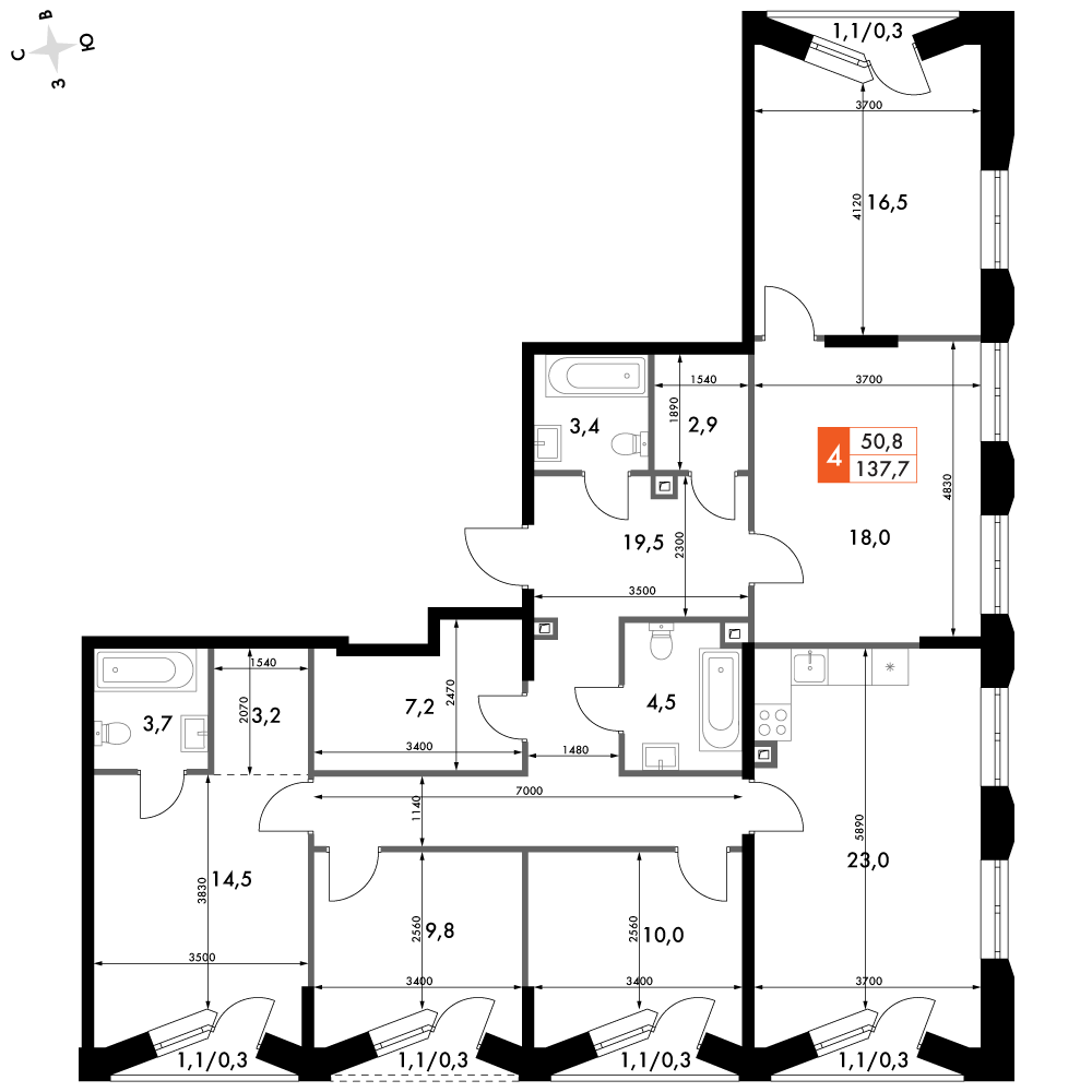 4-комнатная 137 м2 в ЖК Фордевинд корпус null этаж 16