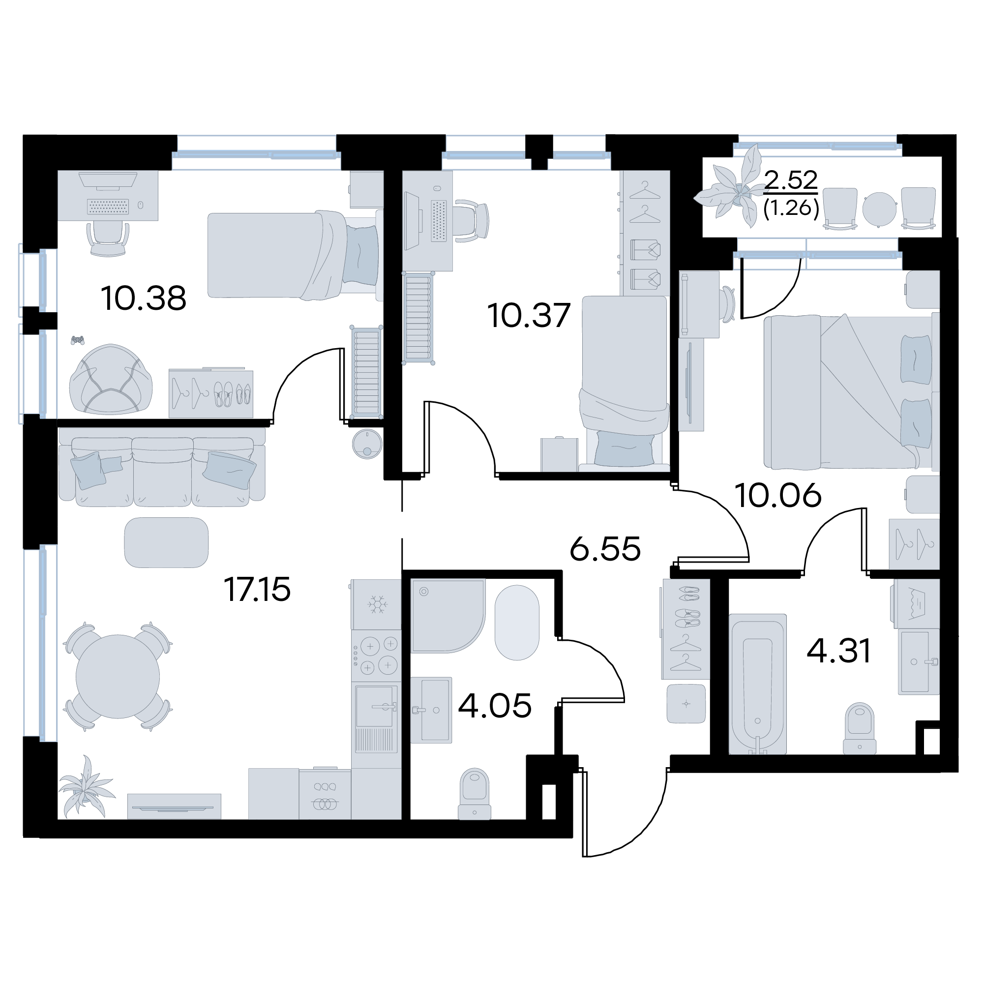 3-комнатная 64 м2 в ЖК GloraX Октябрьский корпус null этаж 2