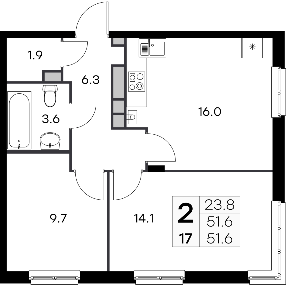 2-комнатная 51 м2 в ЖК Новая Жизнь - Ройка корпус null этаж 2